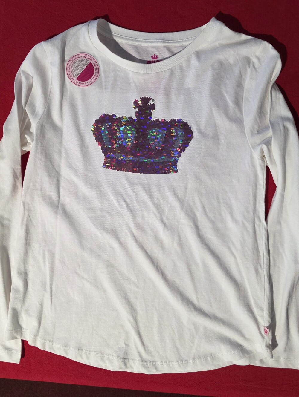 Juicy Couture White Long-Sleeve Tee with Iridescent Sequin Crown